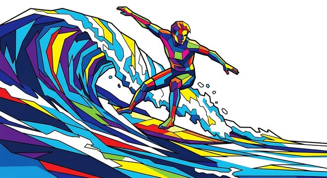 Vibrant Polygonal Art Surfer Riding a Dynamic Ocean Wave Vector Illustration