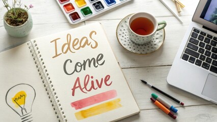 Creative workspace with colorful art materials and a cozy tea setting for inspiring ideas and artistic expression