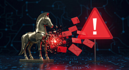 Golden trojan horse exploding into red envelopes and a warning sign, symbolizing cyber attack and data breach on a digital background