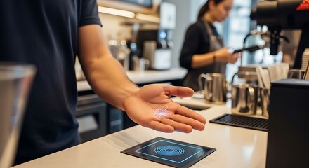 Futuristic contactless payment with biometric palm scan in a modern coffee shop. Man using hand with digital chip for secure transaction at a POS terminal.