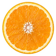 Close-up of a fresh, juicy orange slice showing vibrant segments and white pith on a clean white background.