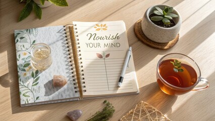Thoughtful workspace with notebook, tea, and plants for mindfulness and inspiration