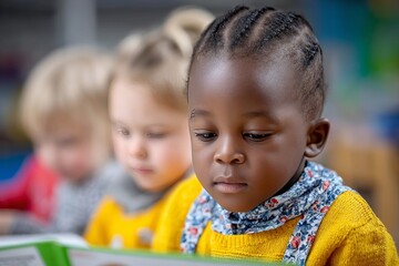 Engrossed Children in Preschool Classroom Discovering Inspiring Stories of Black Heroes Together