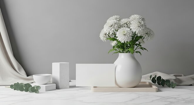 Elegant White Flowers and Abstract Geometric Shapes Arrangement