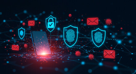 Fototapeta premium Mobile phone security and data protection concept with fingerprint, lock, and email icons, digital privacy