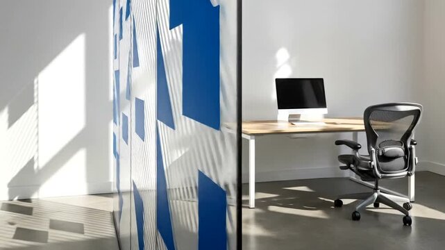 Modern office interior with geometric blue patterns and natural light