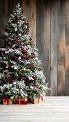Fototapeta premium Charming Indoor Holiday Scene with Snow-Dusted Christmas Tree and Beautifully Wrapped Presents.