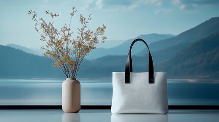 Elegant Handbag  Floral Decor in Serene Mountain Landscape