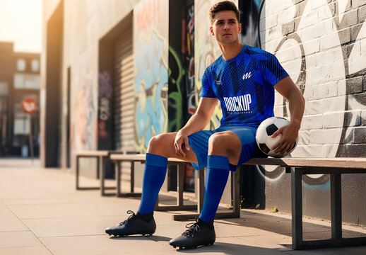 Young Soccer Player Sitting on Bench
