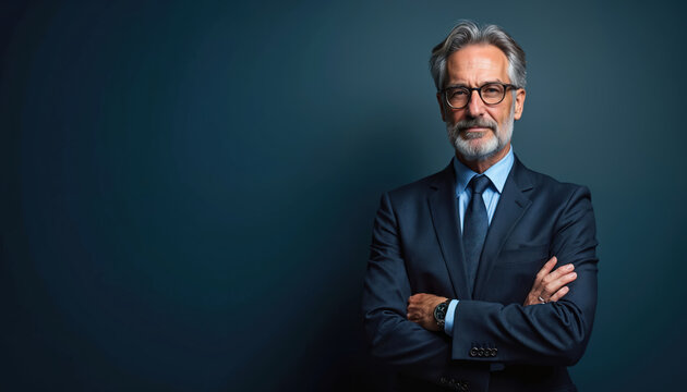 Mature businessman wears dark suit, glasses, arms crossed, looking confidently ahead. Represents success, leadership, professionalism in corporate settings. Ideal for business articles, presentations.