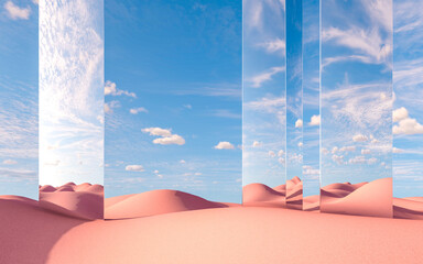 Series of tall mirror panels reflecting sky over pink desert, 3d rendering
