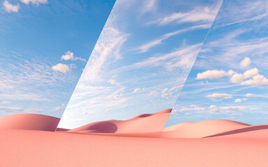 Tilted mirror panels reflecting surreal desert sky and dunes, 3d rendering