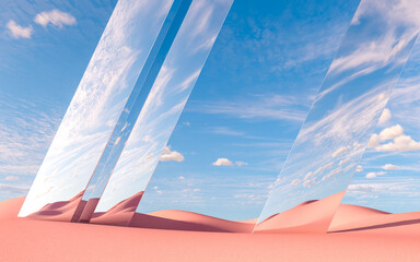 Diagonal mirror panels installation in pink desert landscape, 3d rendering