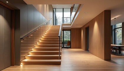 Fototapeta premium Modern interior with wooden staircase and glass railings. Staircase with lights on steps leads to upper floor. Wooden floor and walls, large windows, dining table in background.