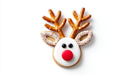 Festive cookie designed as a reindeer with pretzel antlers, red nose, and white icing, showcasing a playful holiday treat for seasonal celebrations and gatherings