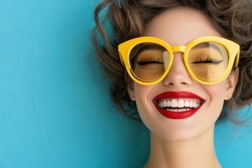 Portrait of a smiling woman in yellow sunglasses