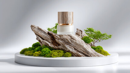 Skincare product displayed on natural wood and vibrant green moss, showcasing eco-friendly design elements and a serene atmosphere for beauty and wellness branding