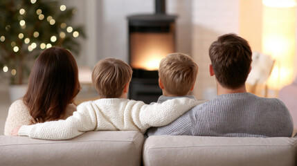 Family of four, cozy together on a sofa, enjoying warmth from a fireplace, with a beautifully decorated Christmas tree in the background, creating a festive atmosphere