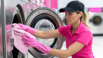 Female worker in pink uniform and gloves is removing a towel from a washing machine in a bright laundromat, showcasing the laundry process and cleanliness