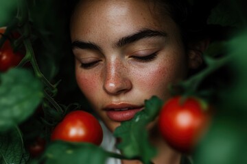 Beauty in the Garden: A woman with closed eyes, framed by vibrant red tomatoes and lush green leaves, finds serenity in a garden setting. A moment of natural beauty and connection with nature.