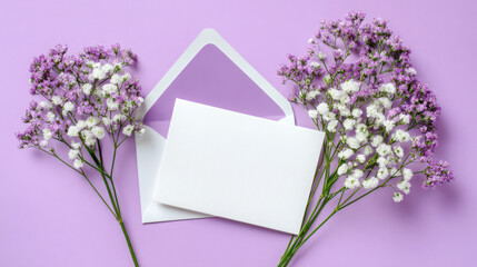 Floral arrangement featuring delicate white and purple flowers beside an empty envelope on a soft lavender background, creating a serene and inviting atmosphere for personal messages