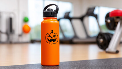 Bright orange water bottle featuring a pumpkin design sits on a gym floor, surrounded by fitness equipment, symbolizing hydration and seasonal fitness motivation