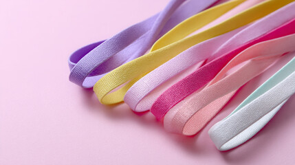 Colorful assortment of shoelaces in pastel shades, elegantly arranged on a smooth pink background, showcasing texture and versatility for creative projects