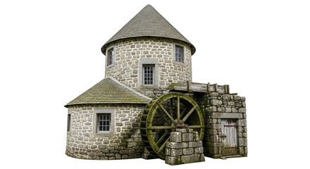 Old stone watermill with a wooden wheel isolated on white background a charming building with a rustic appeal and a touch of historical significance