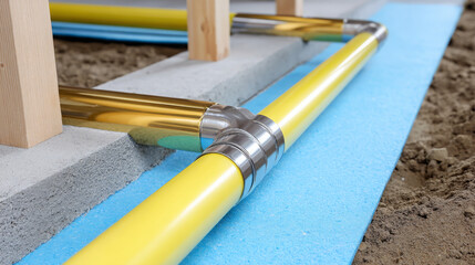 Yellow pipeline with metal fittings is installed on a construction site, resting on blue insulation material, showcasing modern plumbing infrastructure and construction techniques