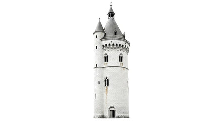 Isolated white castle tower with intricate details, showcasing its architectural design isolated on white background, and historical significance