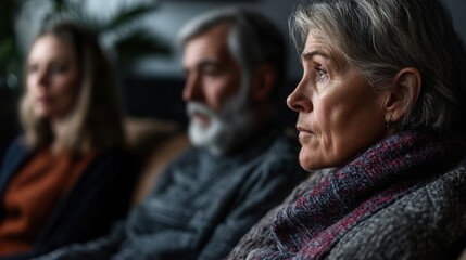 Family Unity and Reflection: An elderly woman sits with family, her gaze filled with thought. This photo showcases the bonds of kinship and shared introspection.