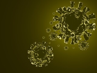 Conceptual macro view of abstract viral particles or cells rendered in a dramatic yellow and dark green hue, suggesting a theme of biological threat or contamination. 