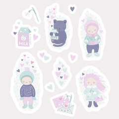 A set of stickers for Valentine's Day featuring funny cute cartoon characters in love - a girl, a boy, and a cat - spring story in a soft pink green blue color palette.