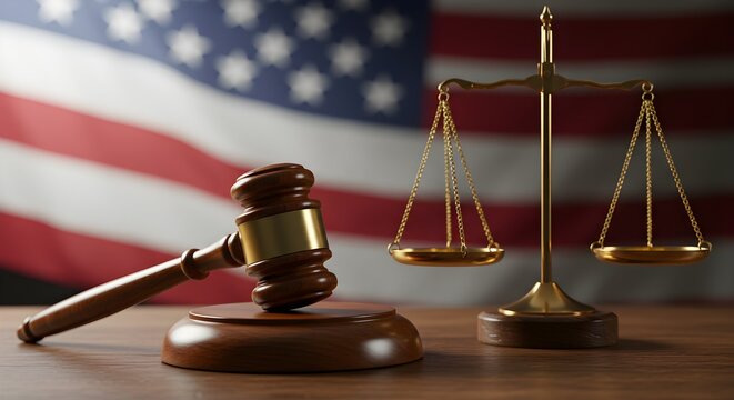 Gavel and scales in front of american flag - Justice and law concept - Powered by Adobe