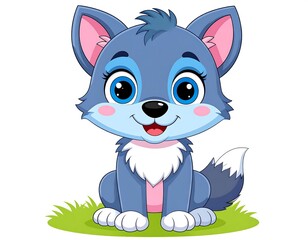 Cute cartoon wolf cub sitting on grass