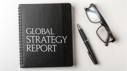Black Notebook with Global Strategy Report Text and Pen and Glasses on White Background for Business Concept