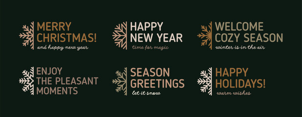 Merry Christmas and Happy New Year messages with snowflake decorations. Festive winter holiday design elements with warm wishes, greeting typography in minimalist style. Flat vector illustrations set