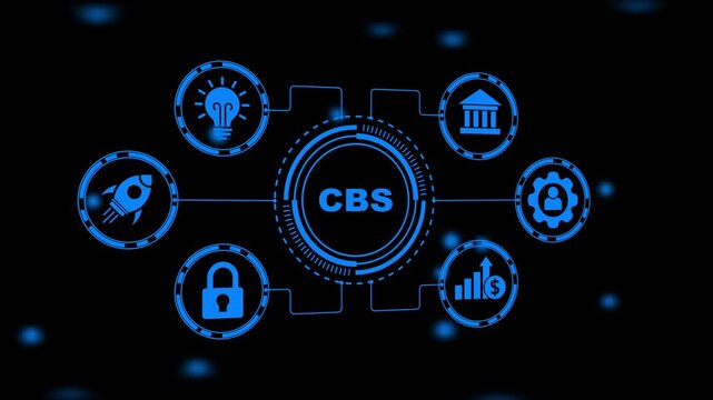 CBS Concept Network with Icons for Finance Security Innovation Rocket and Growth on Dark Background