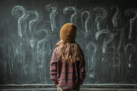 Child's Back View at Blackboard with Question Marks