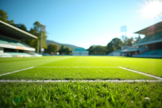 Empty stadium illuminating green soccer field with sun - Powered by Adobe