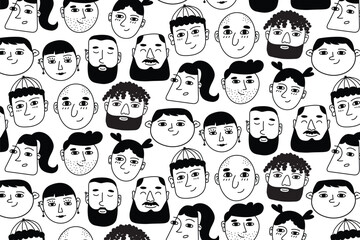 Stylish doodle people pattern — black and white seamless faces illustration in modern minimal line art for creative projects