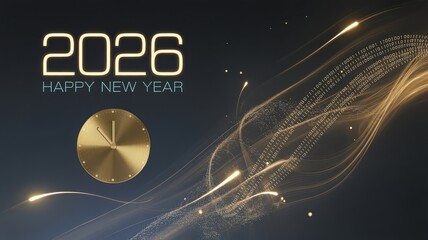 Cyber-themed 2026 new year card Neon gold text and holographic clock.
