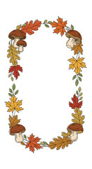 Autumn-themed decorative frame with mushrooms and leaves, copy space