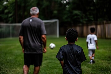 Family Soccer Game: A grandfather and two grandsons enjoy a casual soccer game in the backyard, capturing a moment of intergenerational bonding, physical activity, and the joy of family time.
