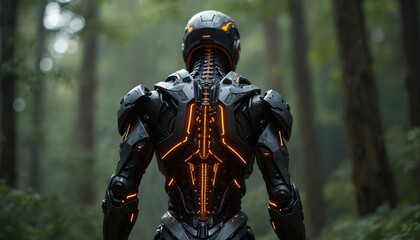 Futuristic robotic exosuit with glowing orange lines. Black metal mechanical armor standing in forest. Advanced cybernetic suit with intricate details. High tech exoskeleton with light on dark