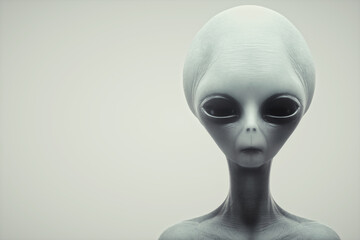 Mysterious alien figure standing against a plain background
