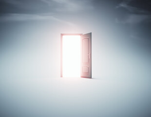 Mysterious open door revealing bright light in a surreal empty space creates a sense of wonder and curiosity