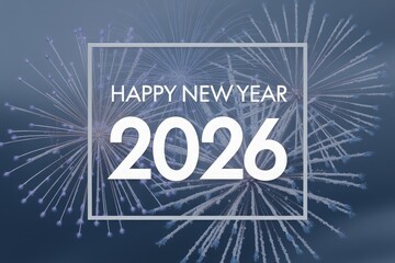 Elegant 2026 new year card with icy blue and silver fireworks on dark blue background