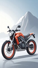 Orange adventure motorcycle, snow-capped mountains