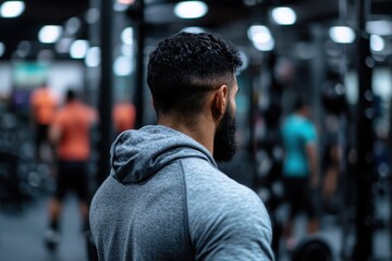 Strength in Focus: A determined individual, embodies the essence of dedication and personal growth at a dynamic gym setting, with a blurred background of other people.